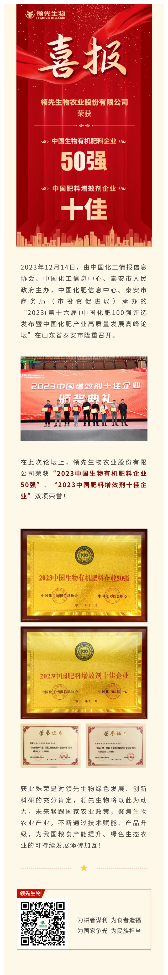 實力上榜 | 領(lǐng)先生物榮獲2023中國生物有機肥料企業(yè)50強！中國肥料增效劑十佳企業(yè)！