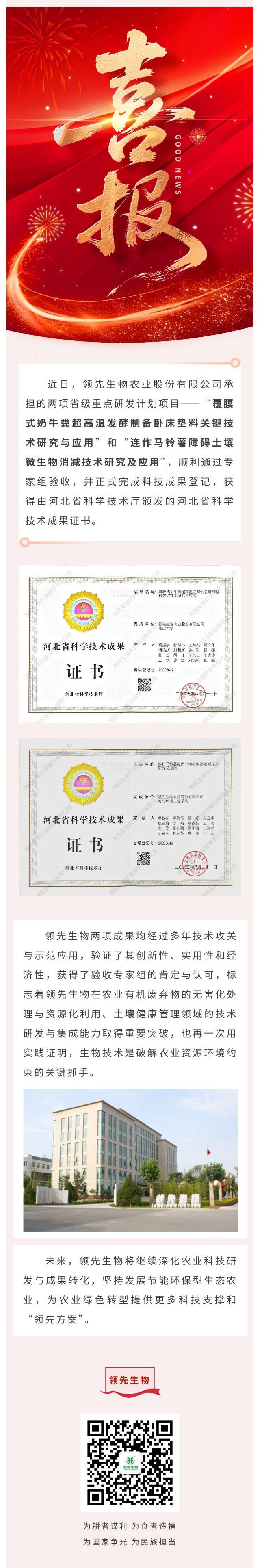 【喜訊】領先生物斬獲兩項省級科技成果！